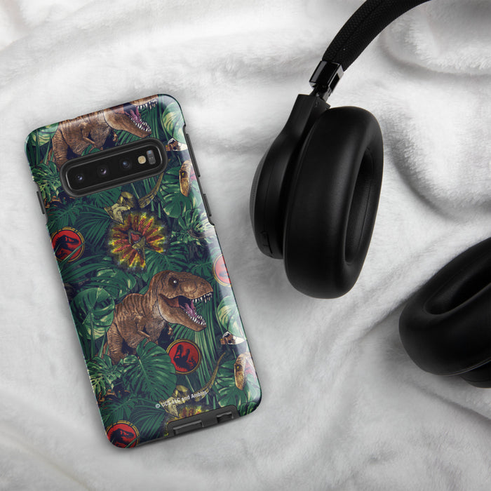 Front perspective of the Jurassic Park Samsung tough case displaying camera and port cutouts