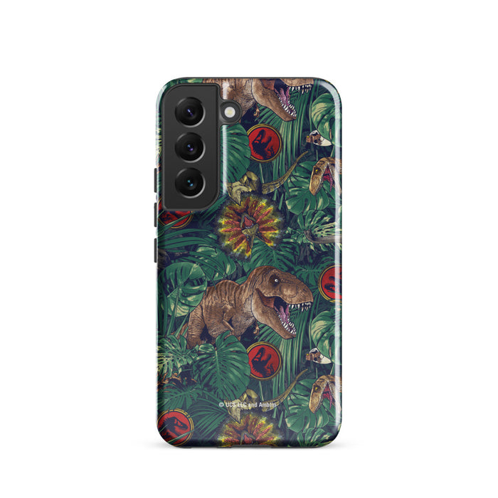 Close-up of the vibrant jungle graphics on the Jurassic Park Samsung accessory