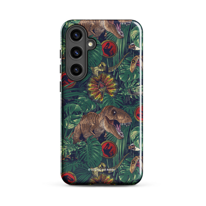 Angled view of the Jurassic Park tough phone case showcasing side button coverage