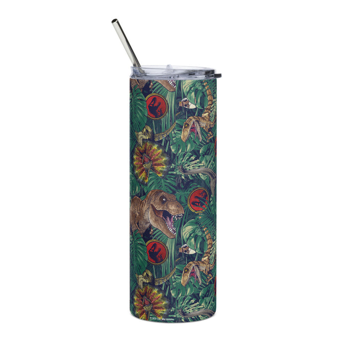 Close-up view of the Jurassic Park logo and jungle pattern on the 20 oz tumbler