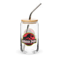 Clear 16 oz can shaped glass featuring the iconic red and yellow Jurassic Park logo on the front