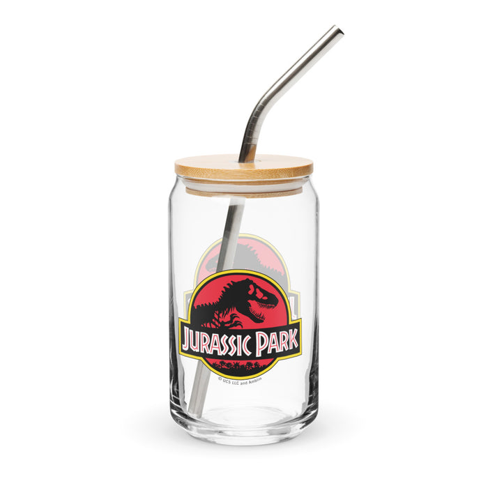 Clear 16 oz can shaped glass featuring the iconic red and yellow Jurassic Park logo on the front