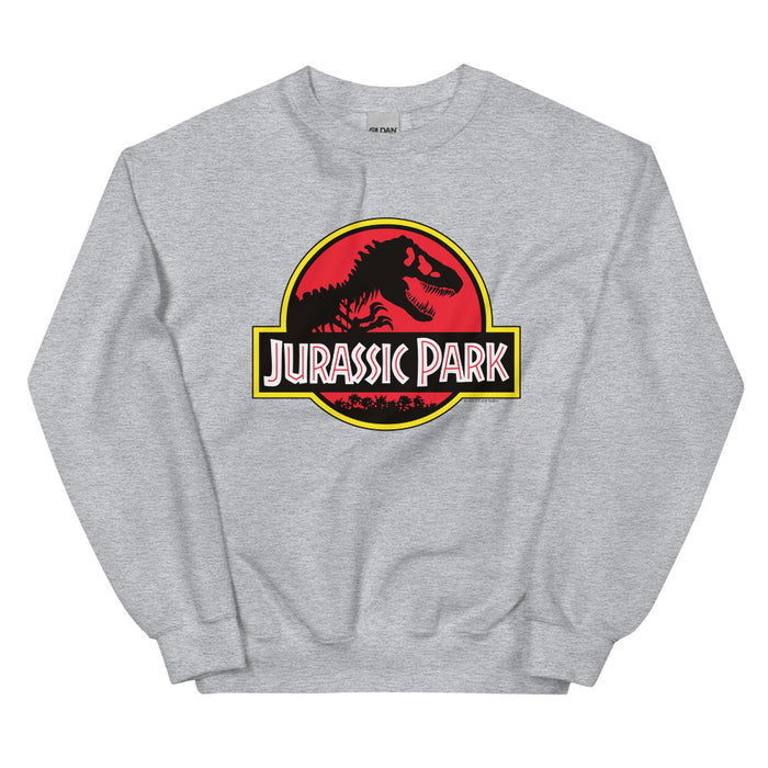 Black Jurassic Park crewneck sweatshirt featuring the iconic red and yellow dinosaur logo centered on the front