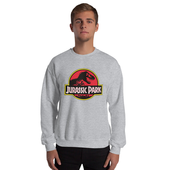 Close-up view of the Jurassic Park logo graphic on the black sweatshirt fabric