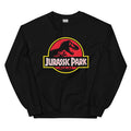 Folded stack of Jurassic Park logo crewneck sweatshirts showing both black and sport grey colorways
