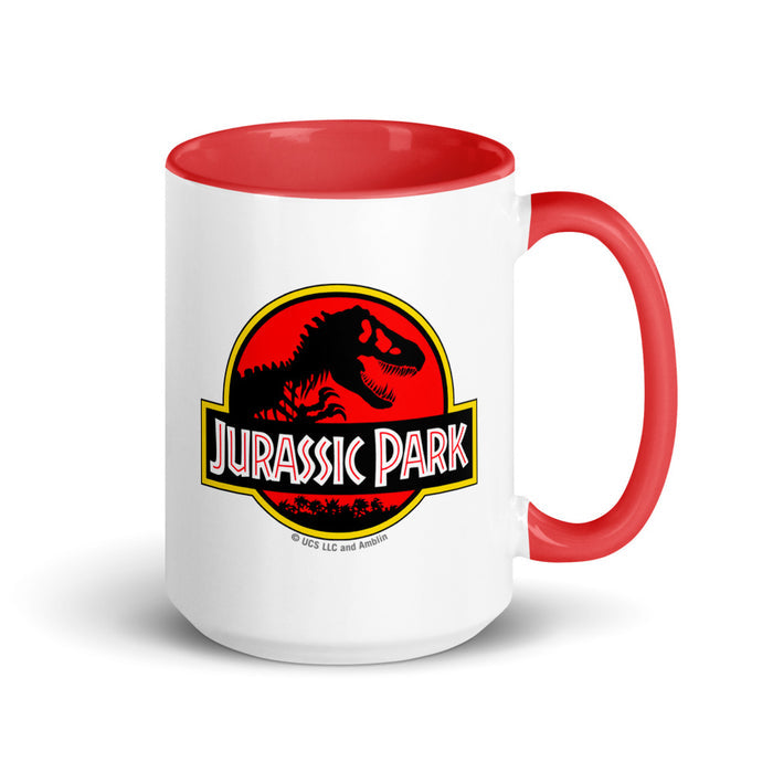 Close-up view of the vibrant colored interior and rim of the Jurassic Park mug