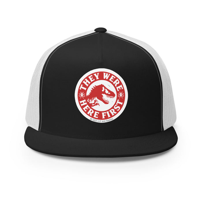 Jurassic Park trucker hat in black with the They Were Here First graphic centered on the front foam panel