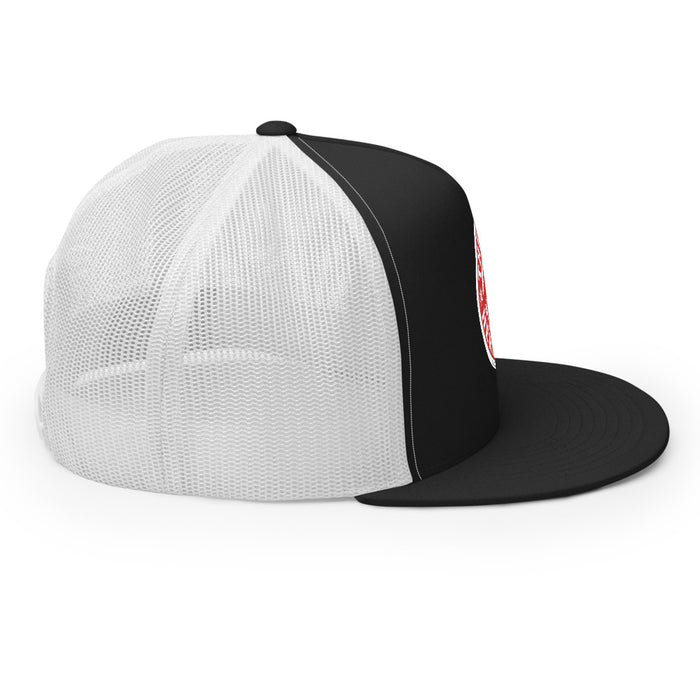 Back view of the trucker hat displaying the adjustable plastic snapback closure