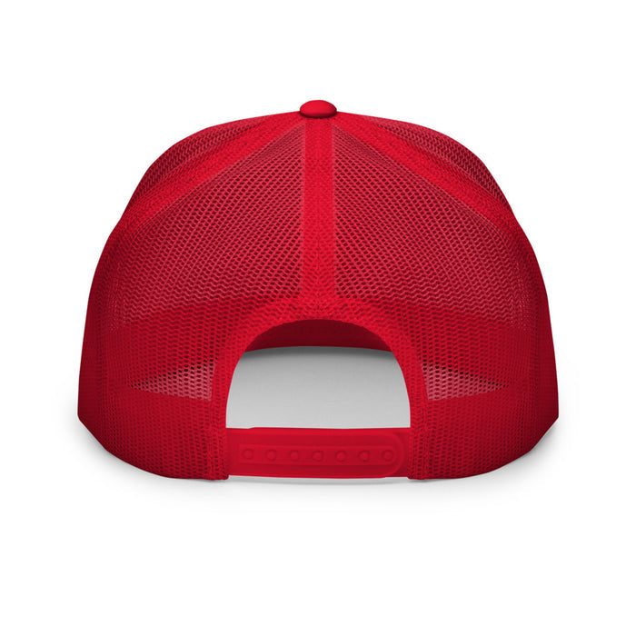Red variant of the Jurassic Park They Were Here First trucker hat viewed from the front