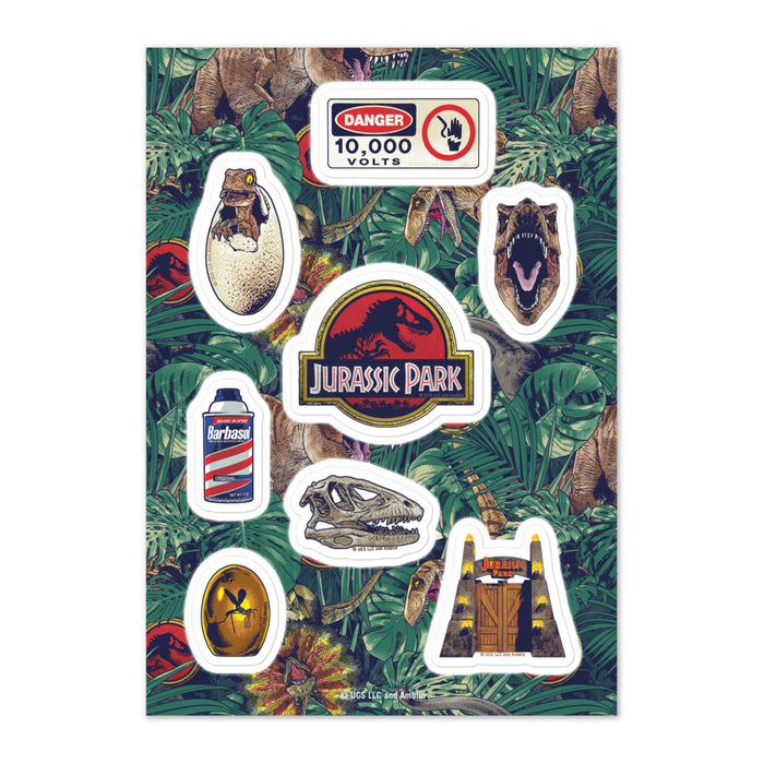 Full 5.8 by 8.3-inch Jurassic Park sticker sheet displaying multiple glossy dinosaur and franchise logo decals against a white border