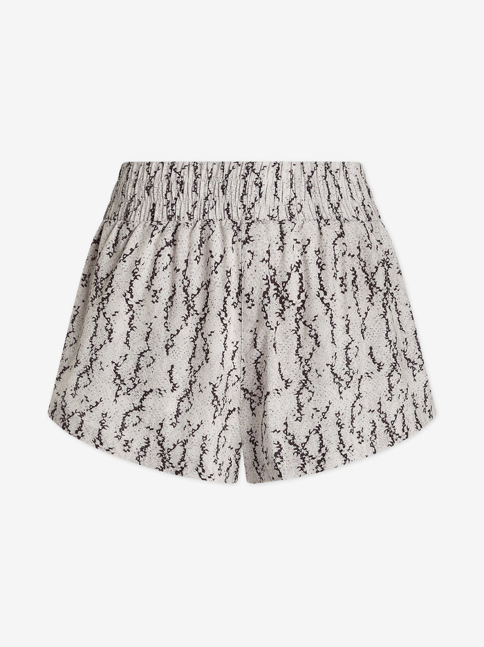 Sand Fragment Snake|Kallin Running Short in Sand Fragment Snake print, front view of lightweight athletic shorts with a relaxed fit.