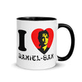 The Karate Kid I Heart Daniel-San black rim ceramic mug shown from the front angle