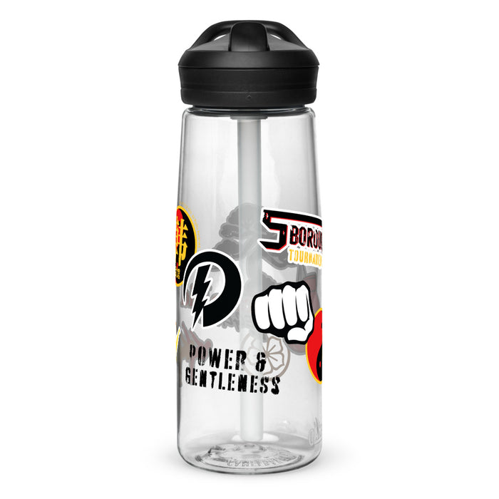 Close-up view of the spill-proof screw-on lid and bite valve on the Karate Kid water bottle