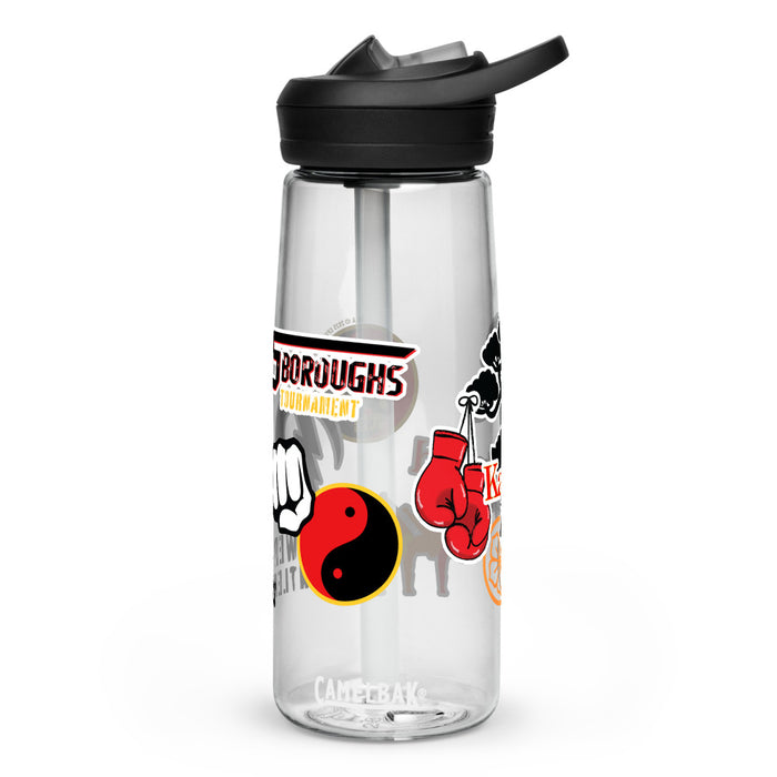 Side profile of the clear water bottle showing the 10-inch height and single-finger carry handle