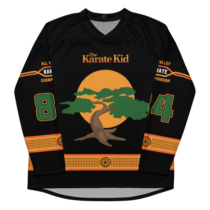 Kids Karate Kid Miyagi-Do hockey fan jersey front view in white and green with dojo graphics