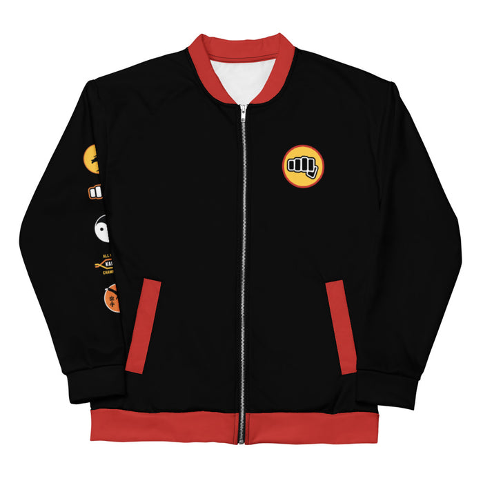Front view of The Karate Kid Sweep The Leg bomber jacket in white with iconic film graphics