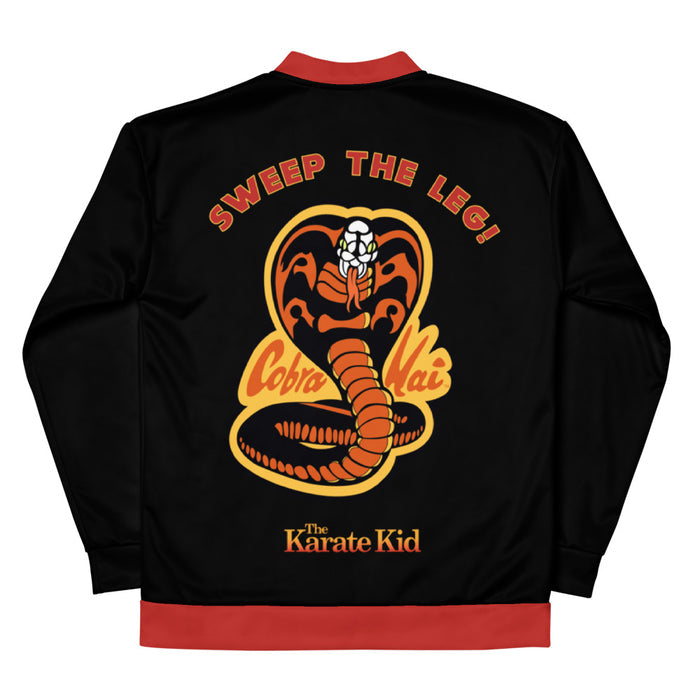 Back view of the white Karate Kid bomber jacket showing the full all-over print design