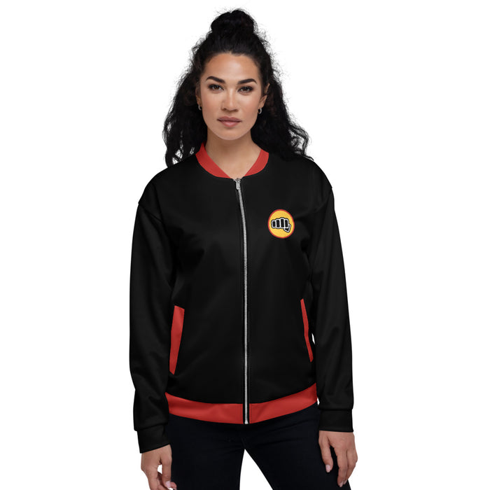 Lifestyle angle of the white Karate Kid bomber jacket displayed flat