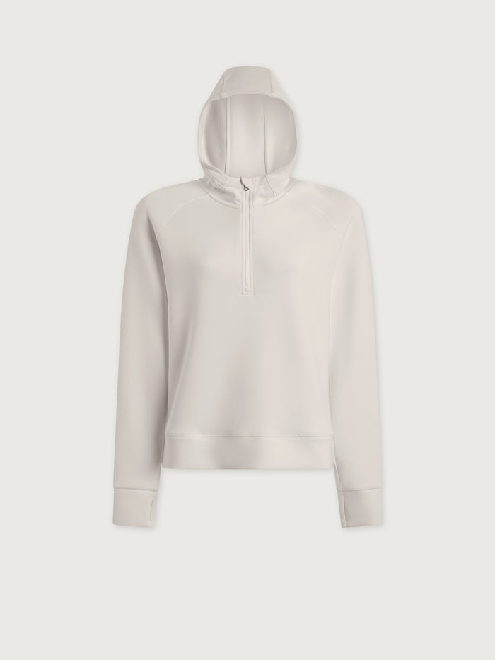 Snow White|Varley KARO Half Zip Hooded Sweat in Snow White, front view of a hooded sweatshirt with a half-zip, long sleeves and soft knit fabric.
