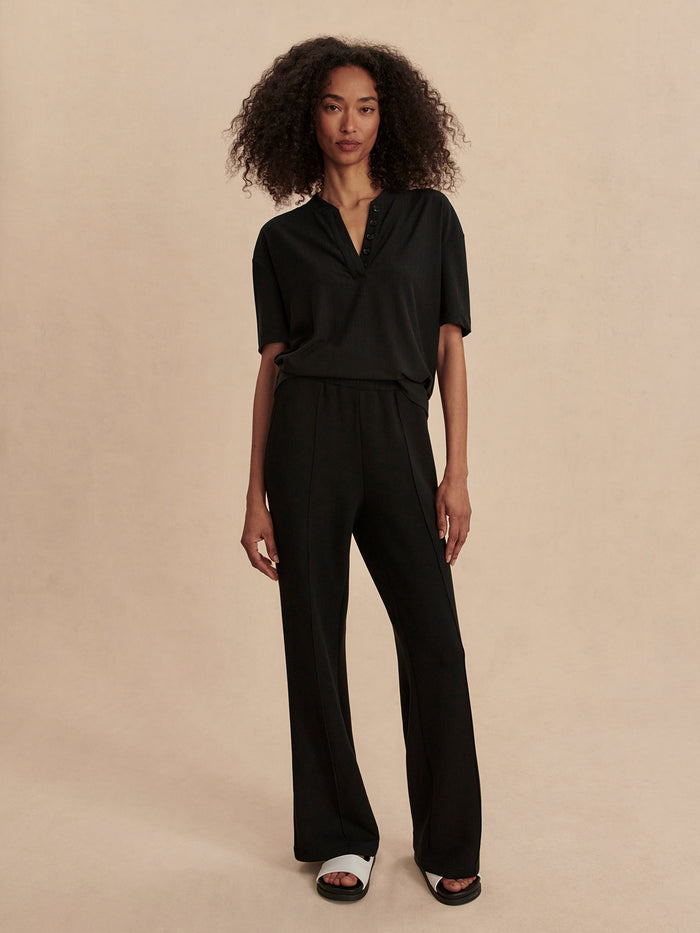 Black|Kasey Mock Placket Rib Tee in Black, front view highlighting rib fabric and subtle mock placket detail.