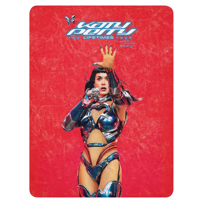 Plush Sherpa blanket featuring vibrant Katy Perry The Lifetimes Tour live from Paris graphic artwork across the front