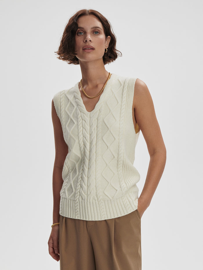 Snow White|Kay Cable Knit Vest Snow White by Varley, a sleeveless cable-knit vest in Snow White, ideal for layering.