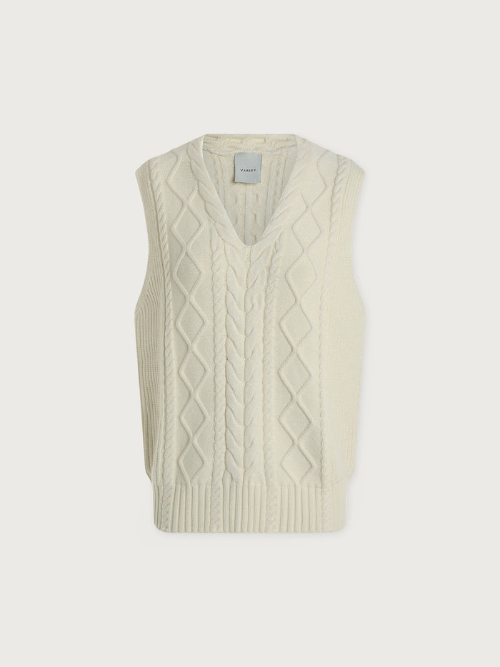 Snow White|Kay Cable Knit Vest Snow White, front view of a snow-white, sleeveless cable-knit vest with ribbed neckline and hem.