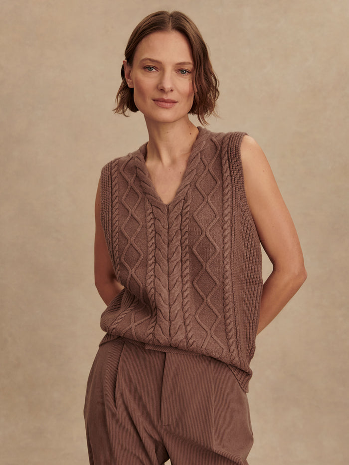 Deep Taupe|Kay Cable Knit Vest in Deep Taupe, sleeveless with cable-knit texture.