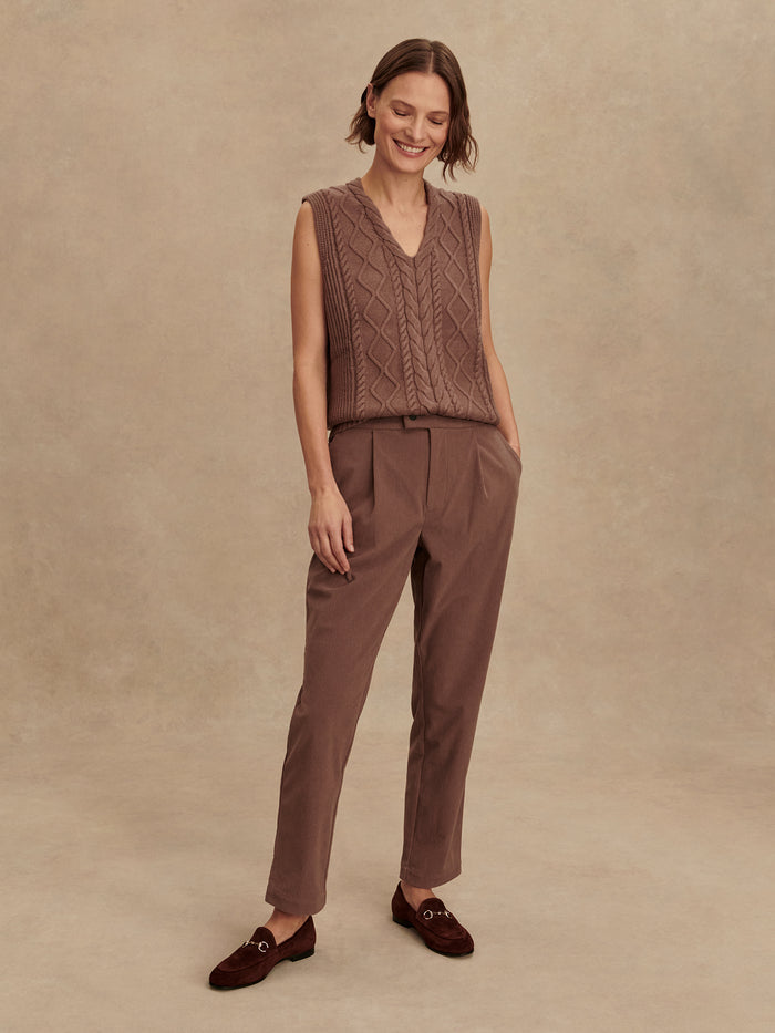Deep Taupe|Kay Cable Knit Vest in Deep Taupe, front view showcasing cable knit texture and sleeveless silhouette.