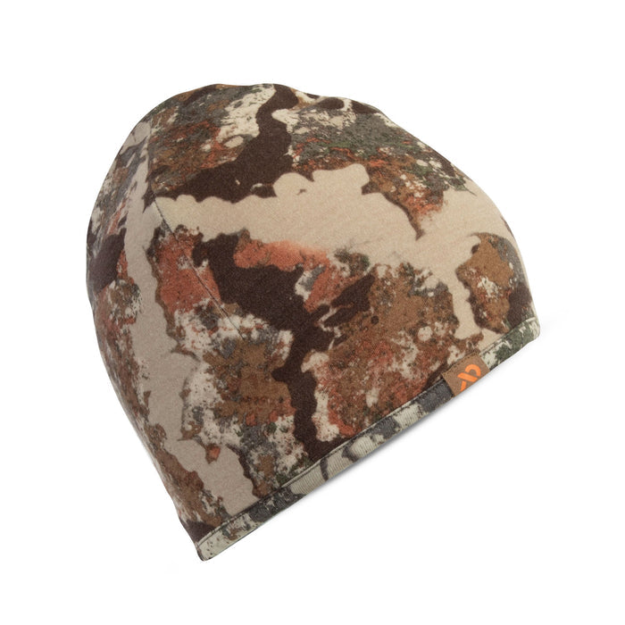 Camouflage beanie in shades of tan, brown, orange, and green with a small orange logo tag on the brim.