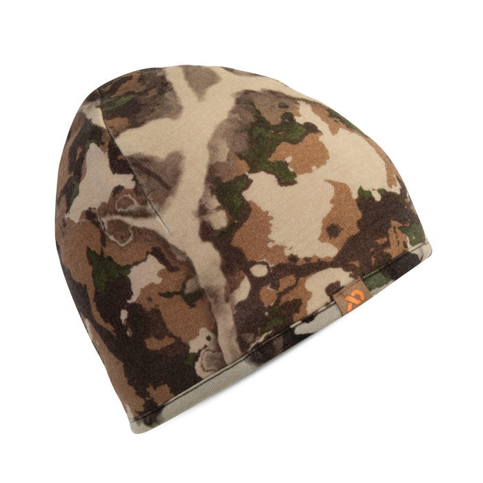 Beanie in tan, brown, and green camouflage, featuring an orange logo on a small tan tag.