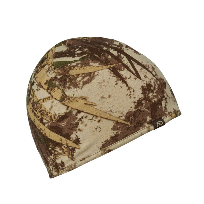 Camouflage beanie with a small black logo tag.