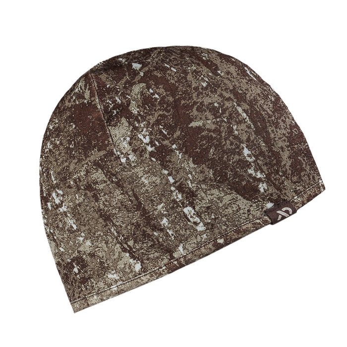 Brown distressed print beanie with a small logo tag on the rim.