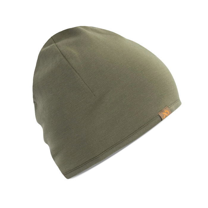 Olive green knit beanie with a tan tag featuring an orange logo on the folded brim.