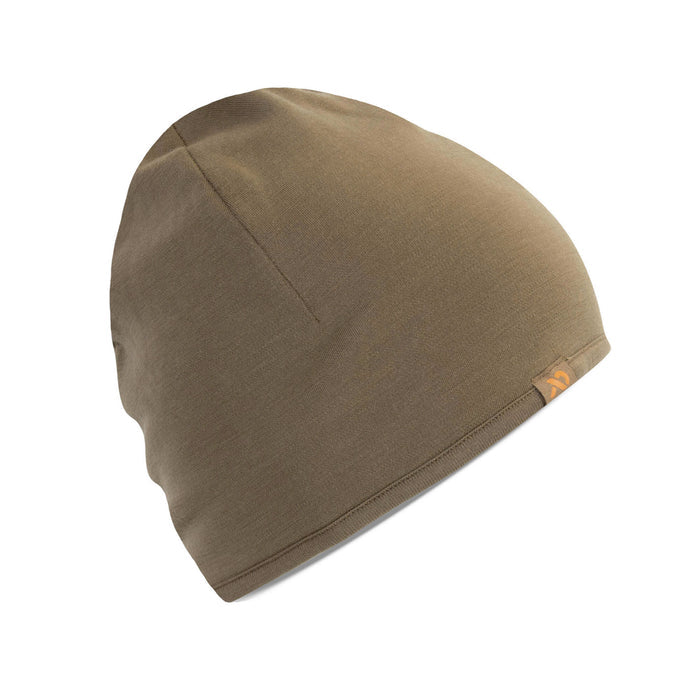 Olive green ribbed knit beanie with visible crown seams and a small orange logo tag on the brim.