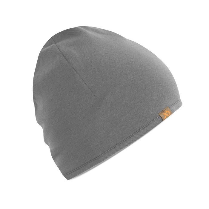 Grey beanie with top seams and a small brown tag featuring an orange logo.