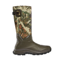 A tall dark green rubber boot with a camouflage upper, featuring an adjustable brown strap, LaCrosse logo, and AeroForm branding.