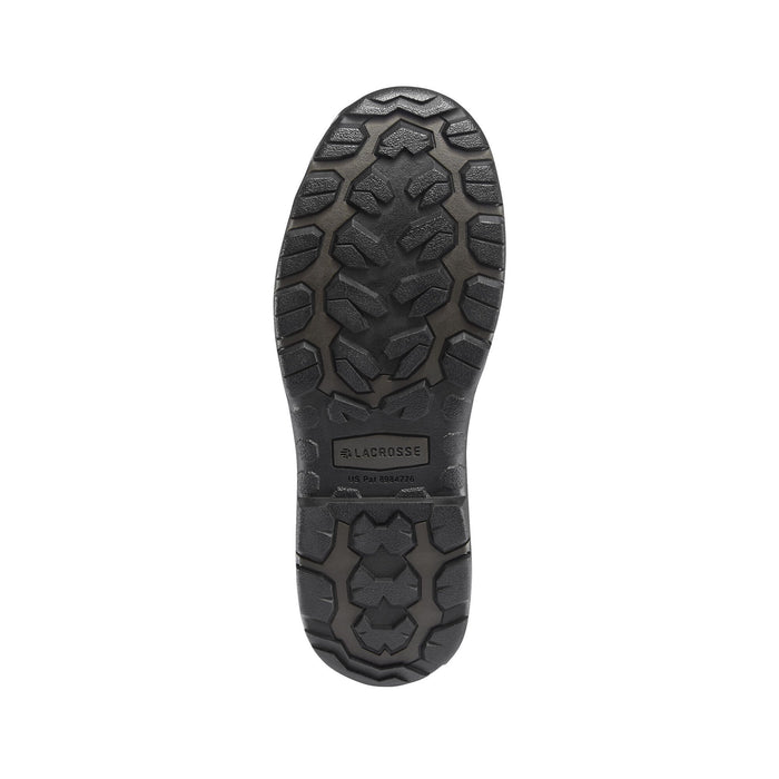 Black and dark gray LaCrosse boot sole, viewed from below, features an aggressive multi-directional tread pattern and 'US Pat 8984776'.
