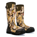 Two tall camouflage hunting boots with dark olive green cuffs, black soles, an adjustable buckle, and "1600 Thinsulate" branding.