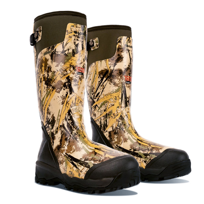 Two tall camouflage hunting boots with dark olive green cuffs, black soles, an adjustable buckle, and "1600 Thinsulate" branding.