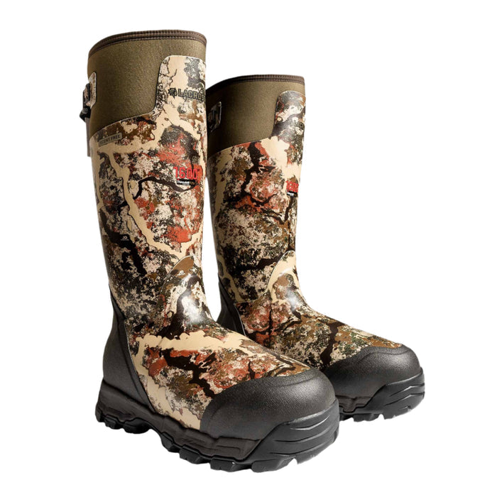 Pair of tall multi-color camouflage rubber hunting boots with olive green tops, adjustable buckle, black rugged soles, and 1600 Thinsulate branding.