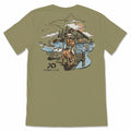 Olive green t-shirt with a back graphic depicting a retriever dog holding a fish on a dock in an outdoor lake and mountain scene, with a FIRST LITE logo.