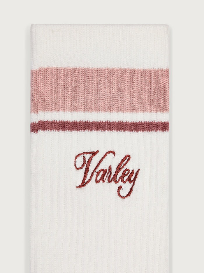 Egret/ Pale Mauve/ Dusty Rose|Lamar Club Stripe Sock in Egret Pale Mauve Dusty Rose, striped crew sock with ribbed cuff.
