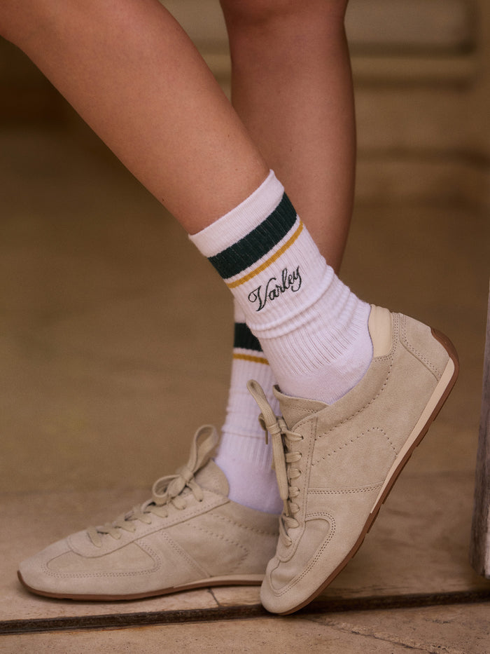 White/ Forest/ Ochre|Lamar Club Stripe Sock in White Forest Ochre, striped crew sock with ribbed cuff, showing a soft knit fabric.