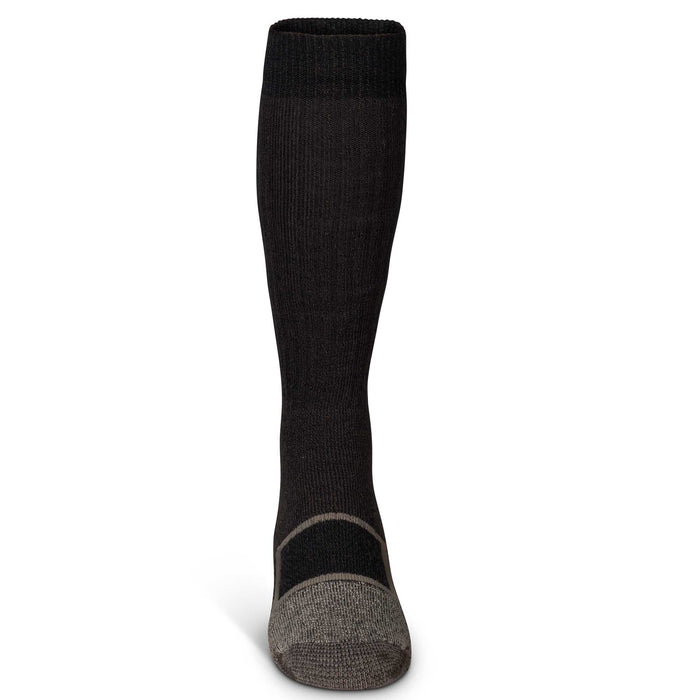 A single black tall sock with a ribbed cuff and gray heel and toe sections.