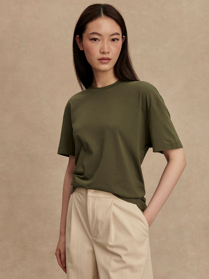 Racing Olive|Front view of the Leighton Boyfriend Tee in Racing Olive, a relaxed-fit olive-green crew-neck t-shirt.