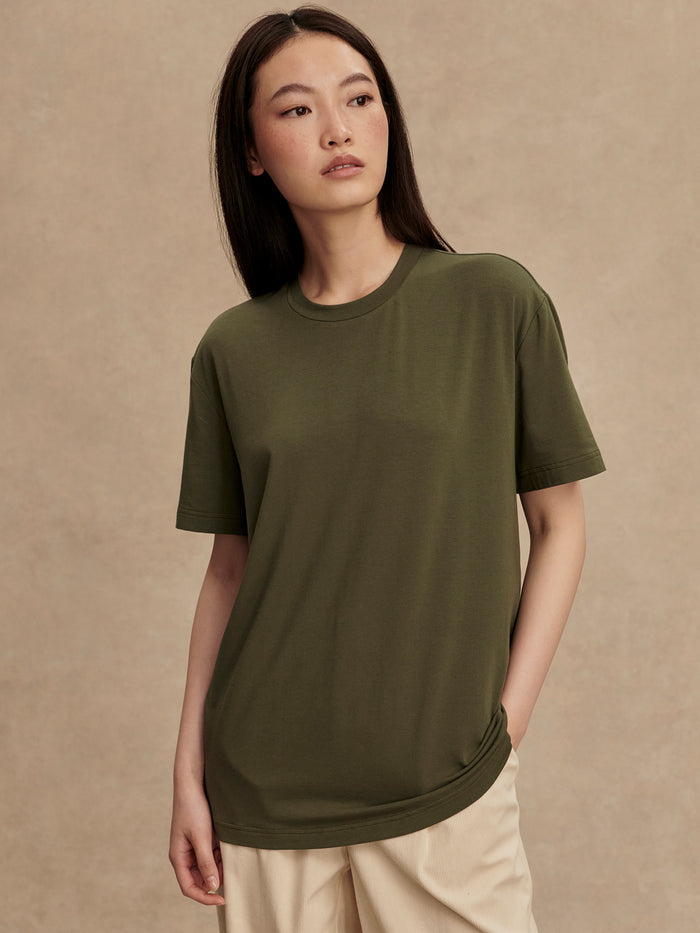 Racing Olive|Front view of Leighton Boyfriend Tee Racing Olive, a relaxed-fit short-sleeve cotton tee.
