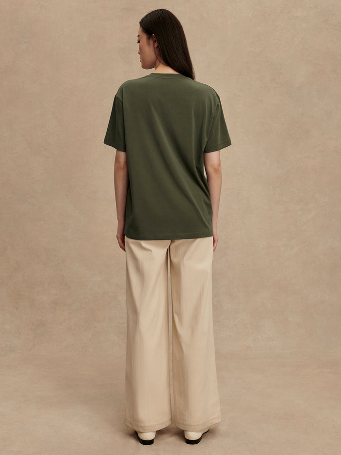 Racing Olive|Front view of the Leighton Boyfriend Tee in Racing Olive, a relaxed olive-green cotton tee with a classic crew neck and short sleeves.