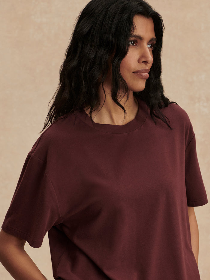 Sassafras|Leighton Boyfriend Tee Sassafras front-facing view, relaxed-fit tee with short sleeves and crew neck.