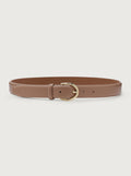 Praline|Lenai Leather Belt in Praline brown leather, front-facing product shot with brass buckle, stitched edges and smooth texture.